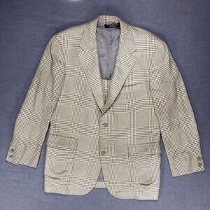 Brooks Brothers Silk Wool Houndstooth Plaid Blazer Men 39R Tan Preppy Old Money